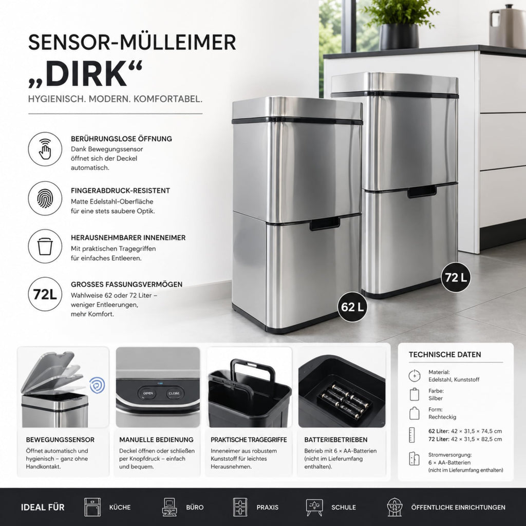 Elektrischer Mülleimer Dirk mit Sensor 4 Fächer Mülltrennsystem sanfter Verschluss für Küche Büro 62 Liter