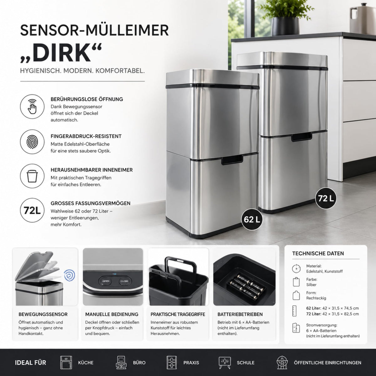 Elektrischer Mülleimer Dirk mit Sensor 4 Fächer Mülltrennsystem sanfter Verschluss für Küche Büro 62 Liter