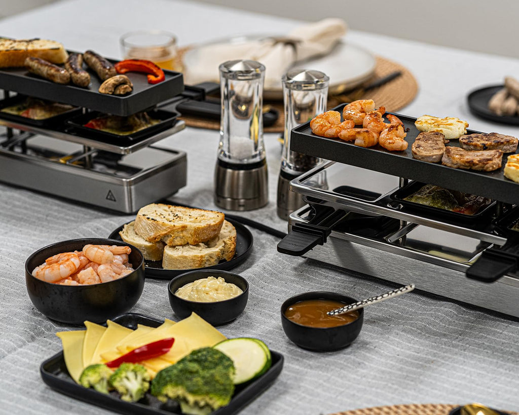 RC 1600 Raclette Grill für 8 Personen erweiterbar Parkdeck Alu Druckguss Grillplatte Antihaft 1460 W silber