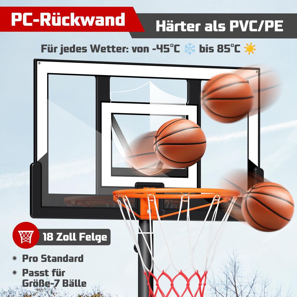 Basketballkorb Outdoor verstellbar 100 bis 305 cm mit Ständer bruchsichere Rückwand 2 wetterfeste Netze Kinder