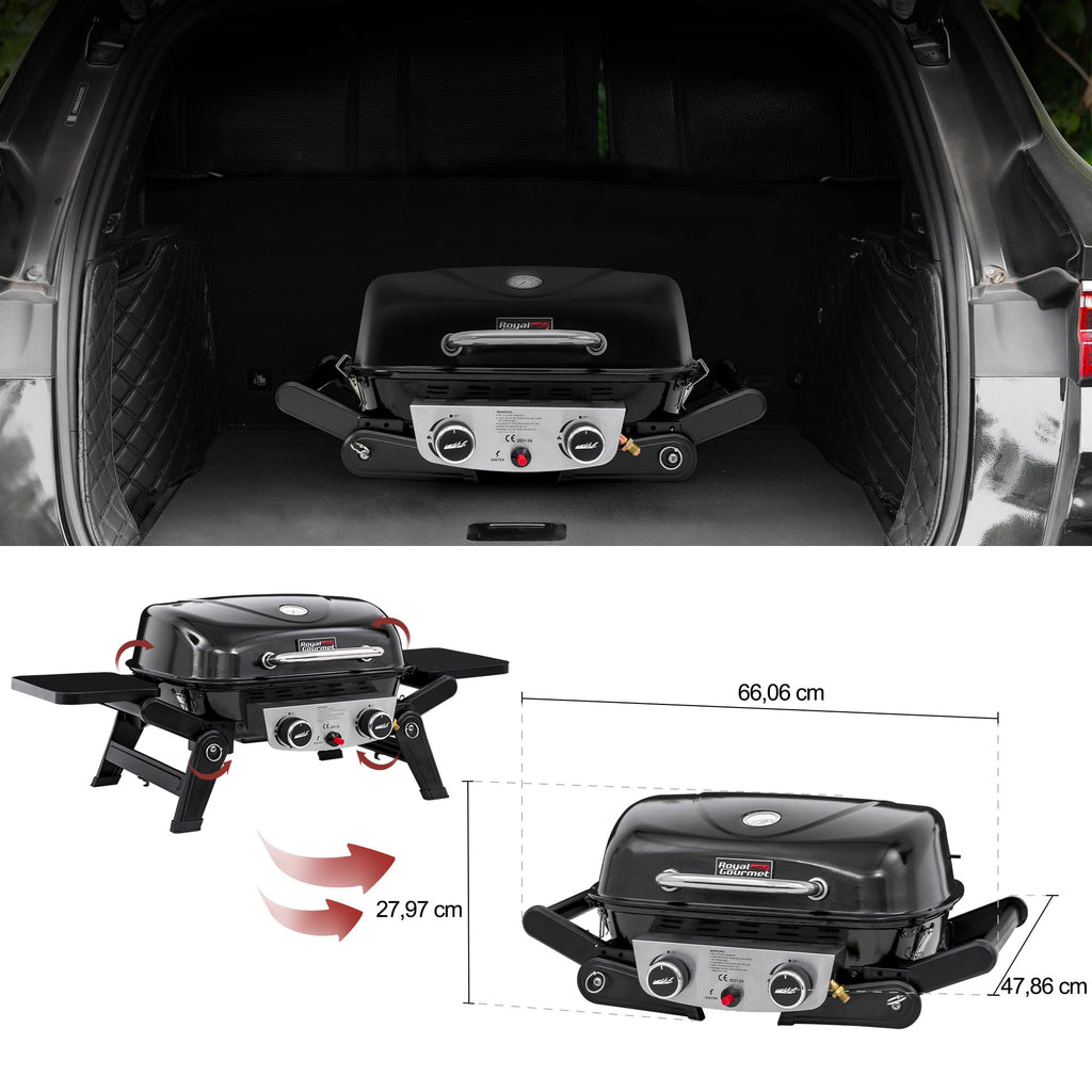 2 Brenner Gasgrill 5 kW Tischgrill mit klappbaren Seitentischen tragbarer BBQ Grill für Balkon Garten Schwarz