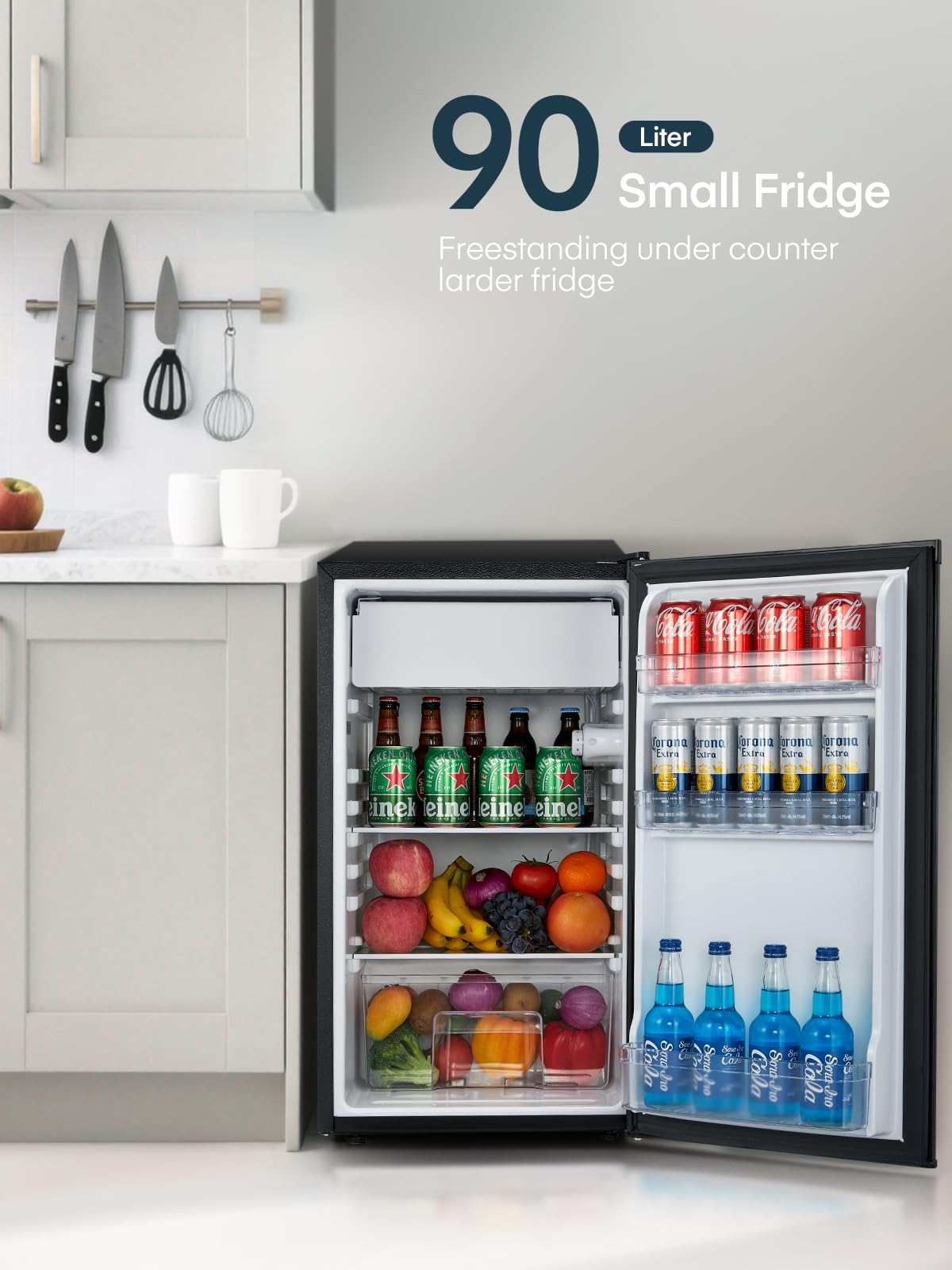 90L Mini Kühlschrank mit Gefrierfach Gemüsefach Schlafzimmer 7 Stufen Thermostat Leise Schwarz Energieklasse E