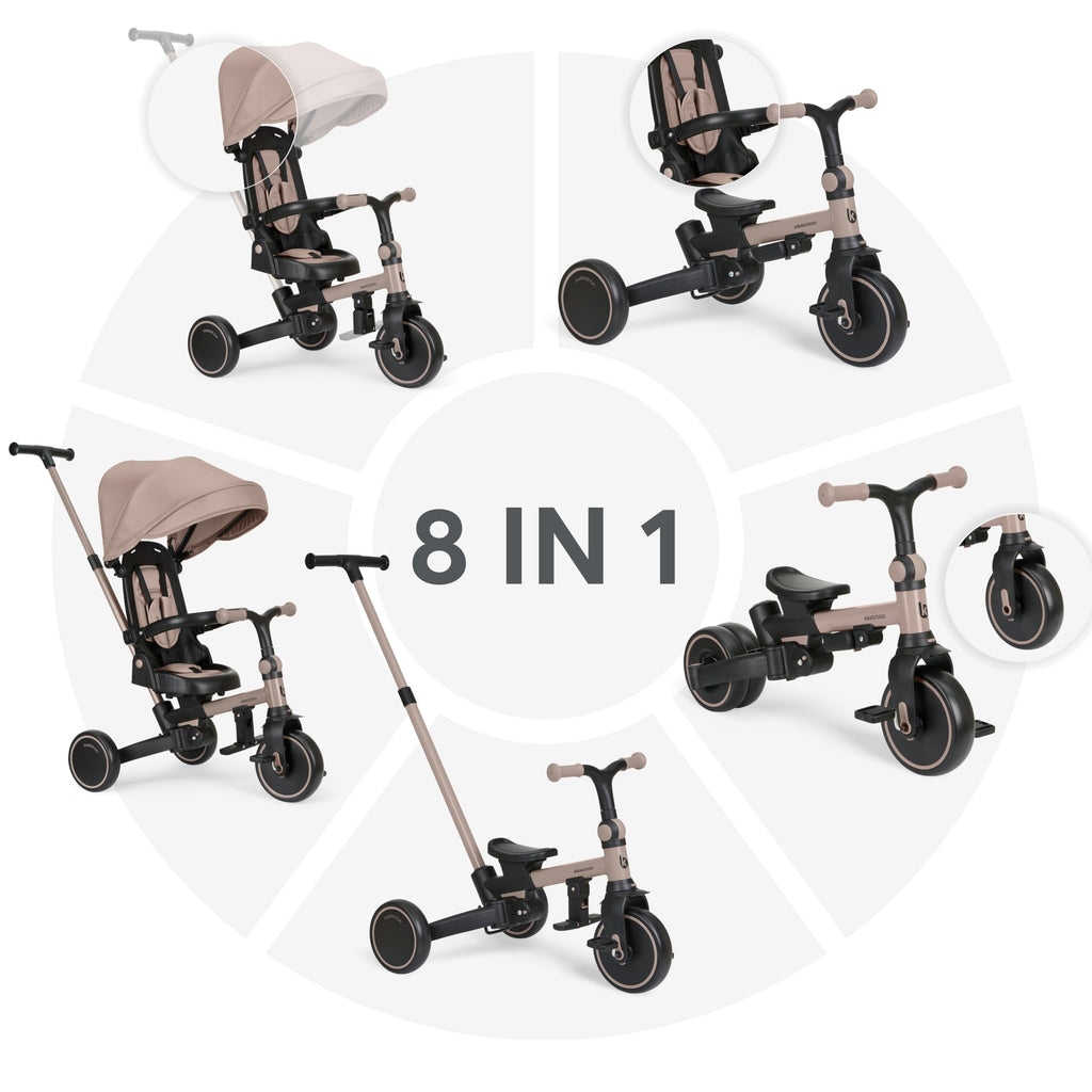 Dreirad mit Schubstange 8 in 1 ALUMA faltbares Kinderfahrzeug drehbarer Sitz 5 Punkt Gurt Alu beige
