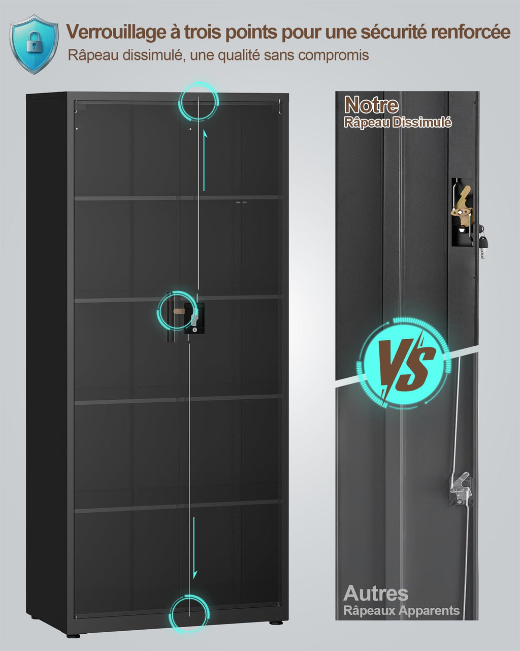 Stahlschrank 5 Ebenen mit Schloss Doppeltüren verstellbare Einlegeböden Werkzeugschrank 80x40x181,5 cm Schwarz