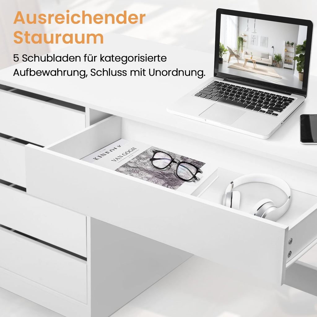 Schminktisch Weiß mit 5 Schubladen ohne Spiegel, Schreibtisch PC Tisch mit Stauraum, Jugendzimmer 120x55x75 cm
