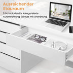 Schminktisch Weiß mit 5 Schubladen ohne Spiegel, Schreibtisch PC Tisch mit Stauraum, Jugendzimmer 120x55x75 cm