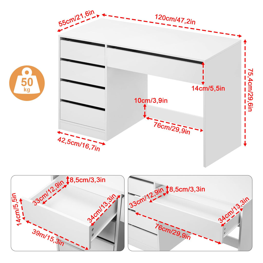 Schminktisch Weiß mit 5 Schubladen ohne Spiegel, Schreibtisch PC Tisch mit Stauraum, Jugendzimmer 120x55x75 cm