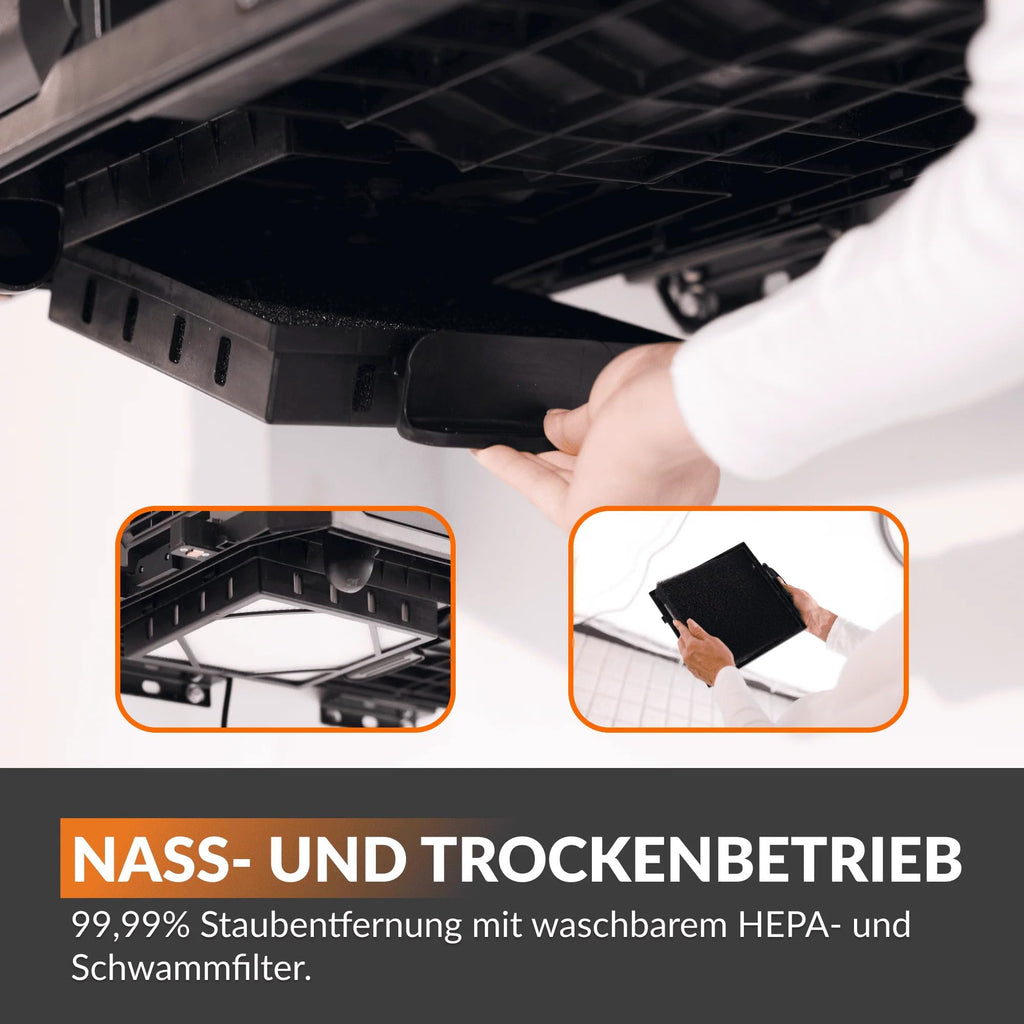 Grandstorm einziehbarer Wandstaubsauger 10m knickfester Schlauch 6 Düsen Fernbedienung Garagenreinigung