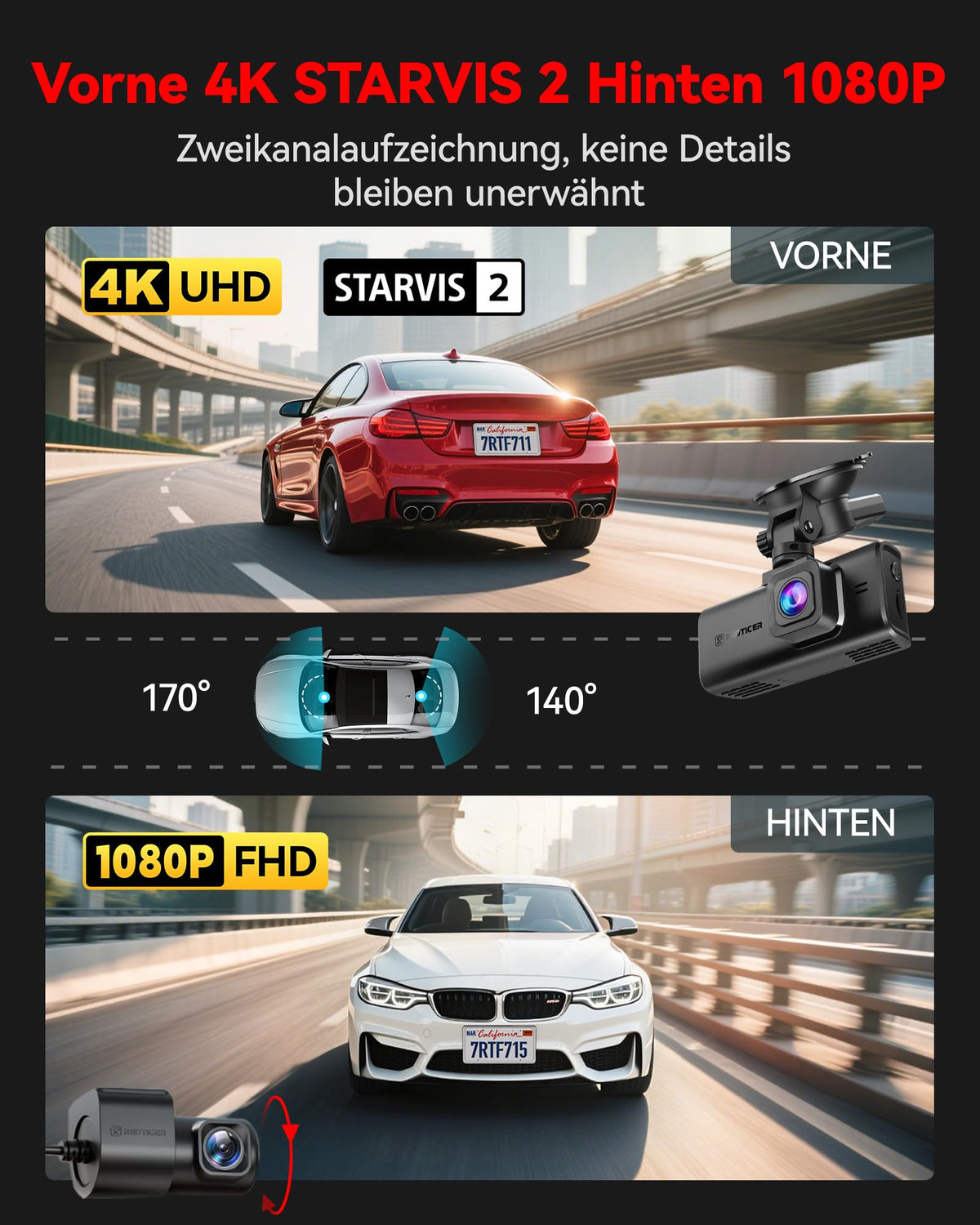 F7N Touch 4K Starvis 2 Dashcam Auto vorne hinten Sprachsteuerung für gestochen scharfe Aufnahmen