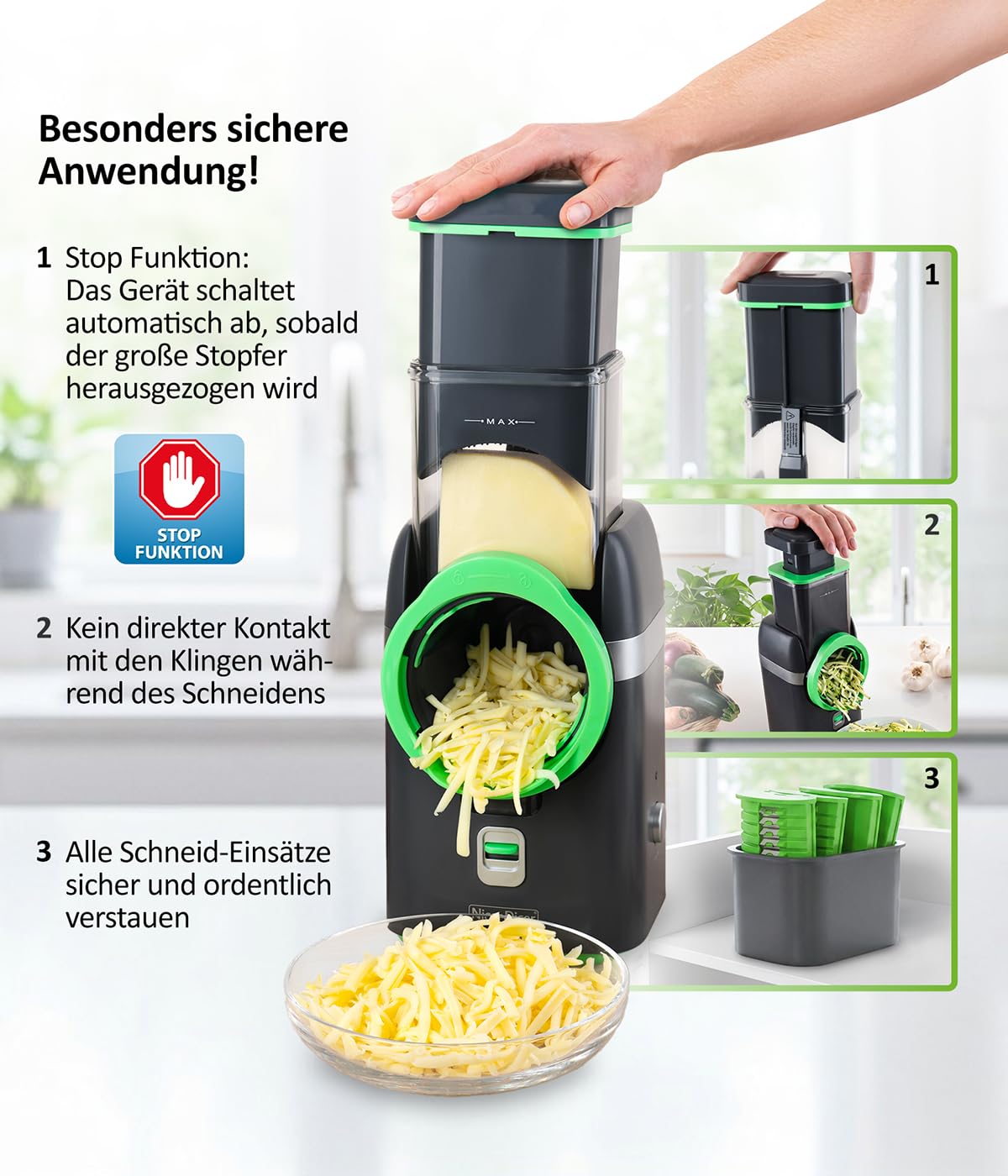 Gemüsehobel Electro 32 tlg Gemüseschneider automatisch Käsereibe für Gemüse Obst Nüsse 9 extrascharfe Einsätze