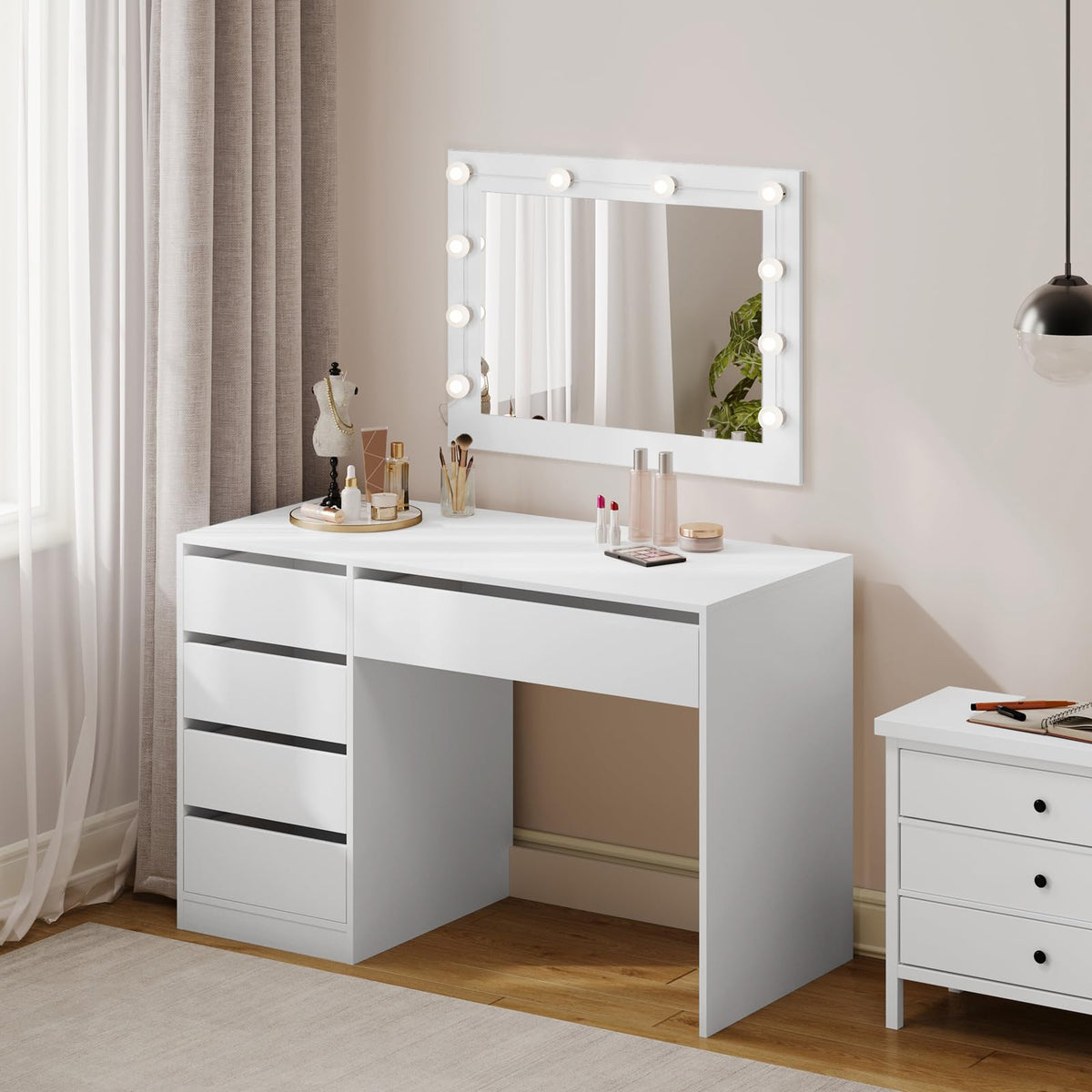 Schminktisch Weiß mit 5 Schubladen ohne Spiegel, Schreibtisch PC Tisch mit Stauraum, Jugendzimmer 120x55x75 cm