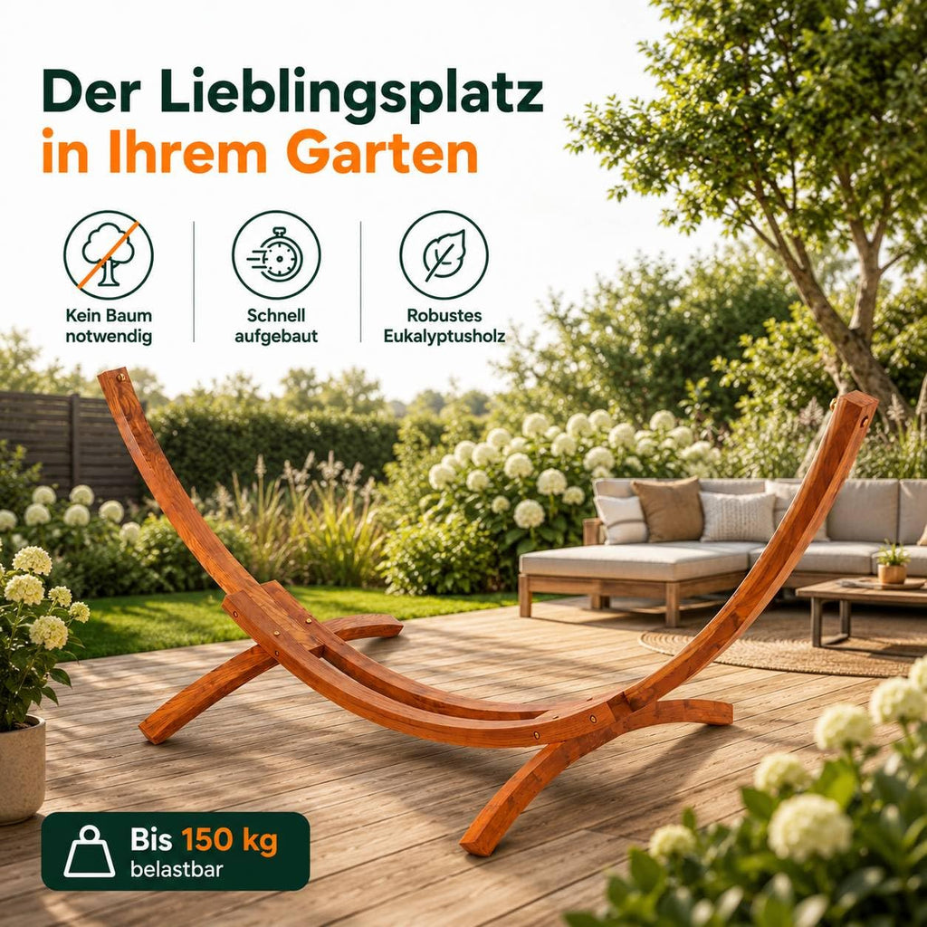 Outdoor Hängemattengestell Modell 24 aus Eukalyptusholz robust wetterfest stabil für Garten Terrasse Balkon