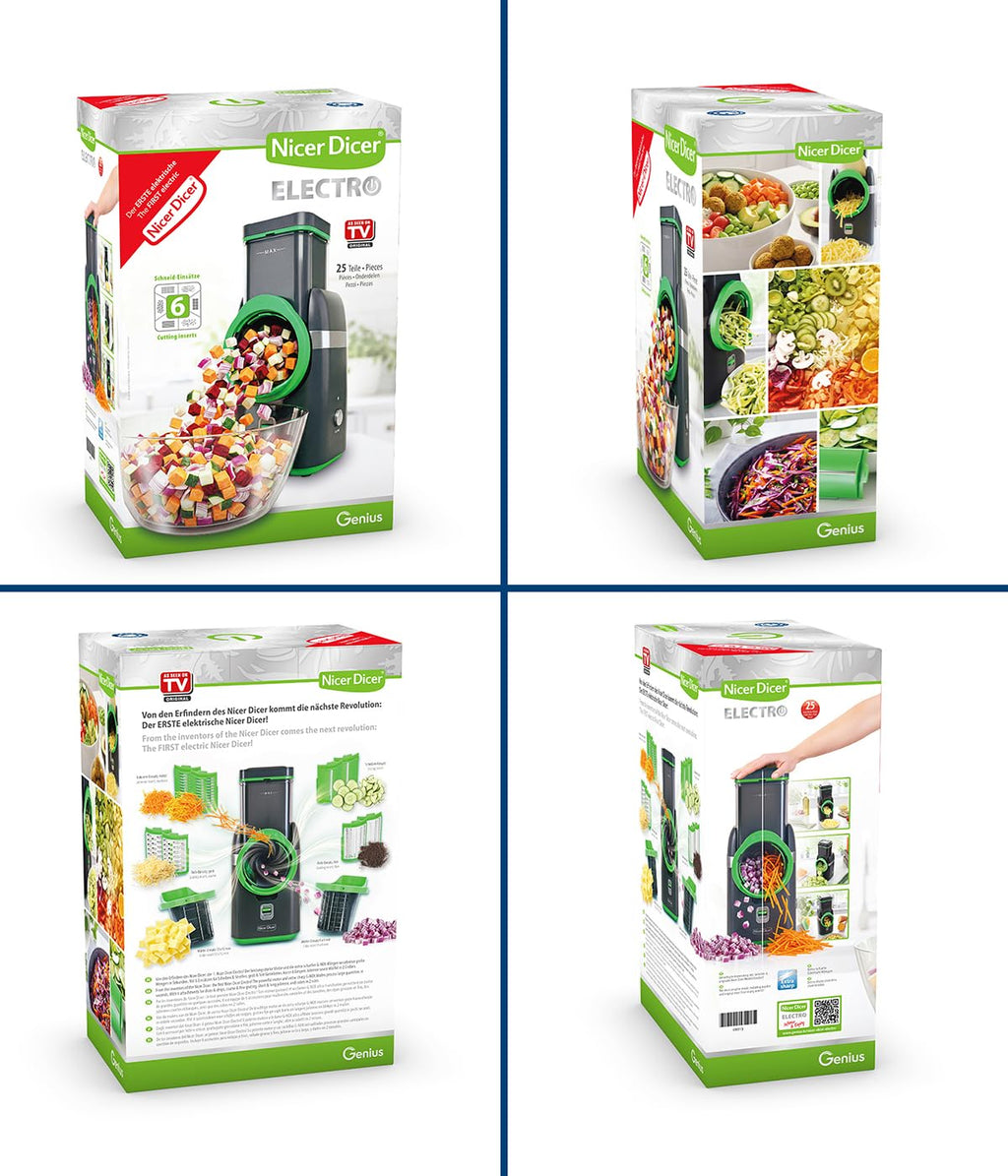 Gemüsehobel Electro 32 tlg Gemüseschneider automatisch Käsereibe für Gemüse Obst Nüsse 9 extrascharfe Einsätze