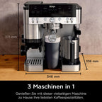 Luxe Premier 3 in 1 Kaffeemaschine mit Mahlwerk und Aufschäumer Silber für Espresso Latte Cappuccino