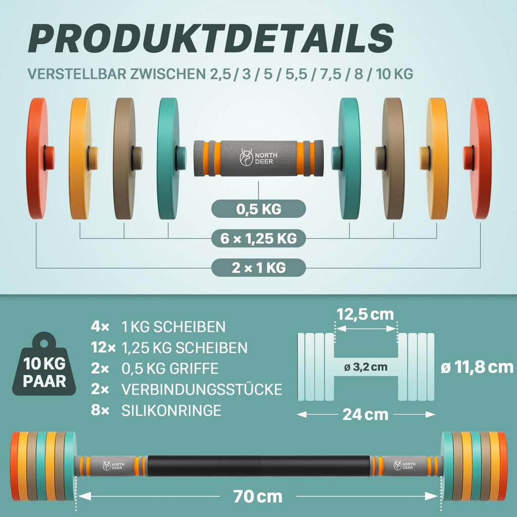 2 in 1 Set Stahl verstellbare Kurzhanteln und Langhanteln 10 kg 2er Set Fitness Hantelset für Heimtraining