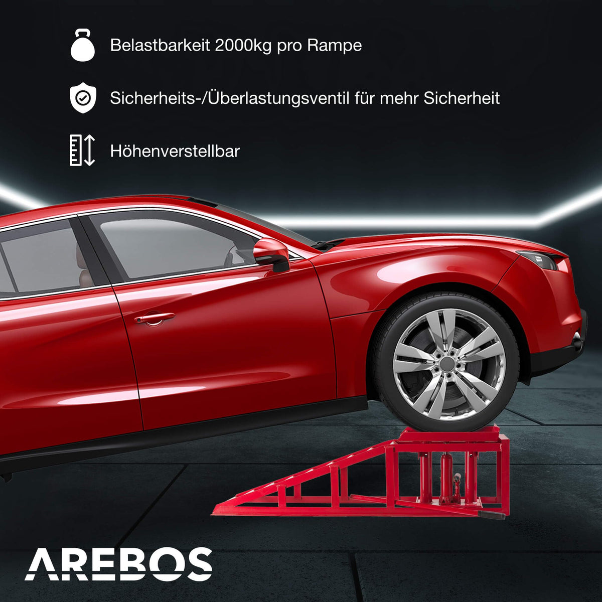 2x Auffahrrampe mit hydraulischem Wagenheber höhenverstellbar bis 2 T für Auto Kfz Werkstatt