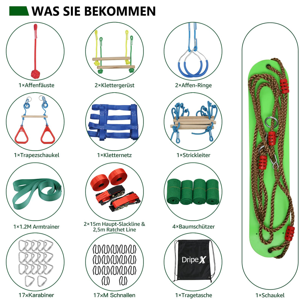 Slackline Kinder Ninja 2x15m für Jugendliche und Erwachsene im Freien Ninja Line Set für Garten