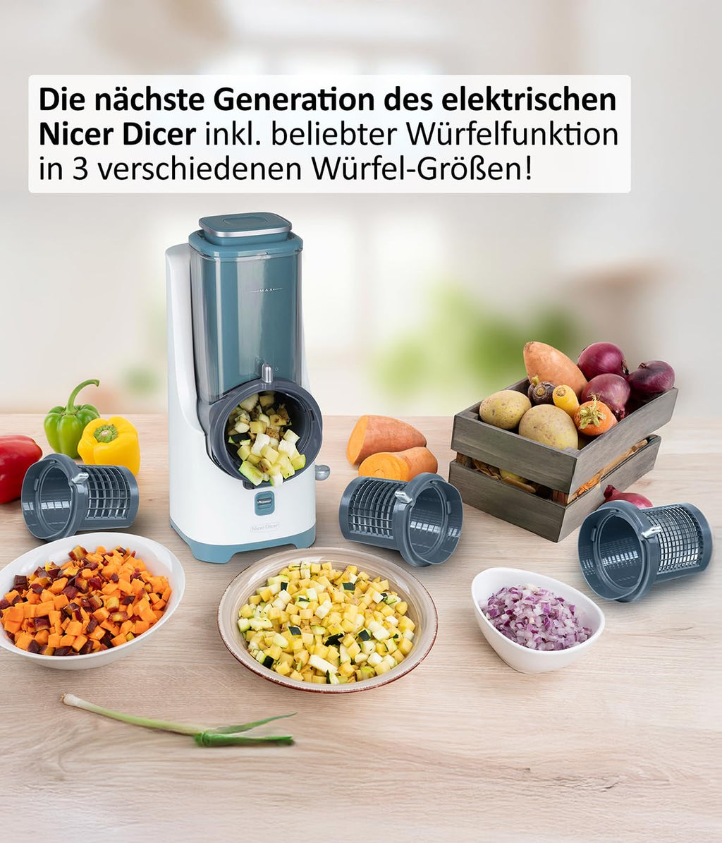 Nicer Dicer Electro PRO 32tlg sage Gemüseschneider elektrisch 9 Aufsätze Reiben Würfeln extrascharfe Klingen