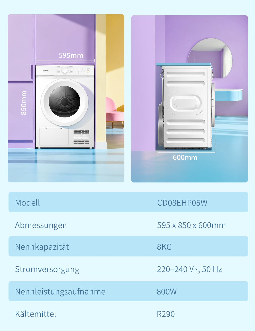 Wärmepumpentrockner 8 kg Energieklasse D Weiß CD08EHP05W Frontlader Trockner mit Wärmepumpe