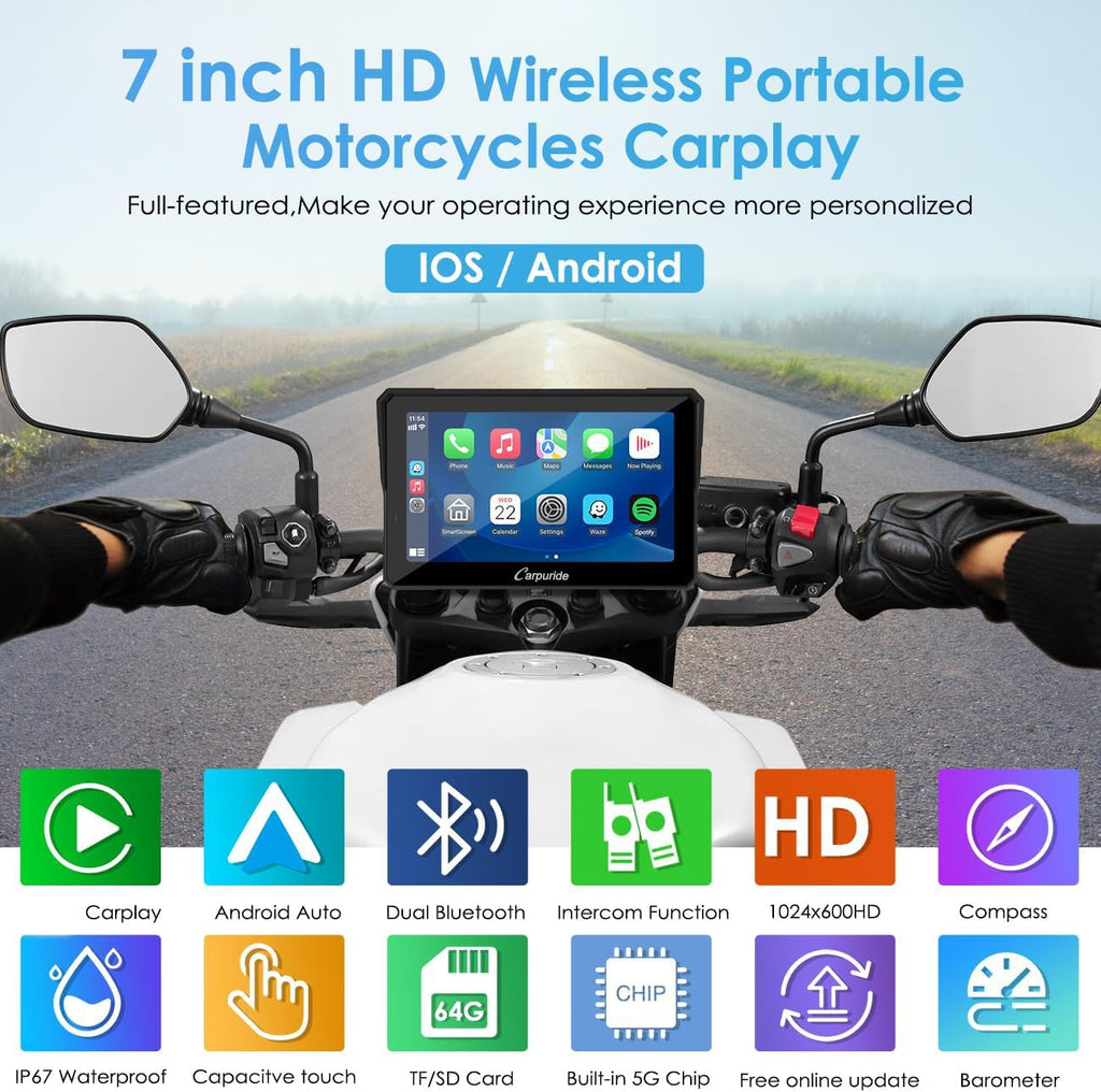 W702 Pro Motorrad CarPlay Bildschirm mit Gegensprechfunktion für Navigation und Kommunikation