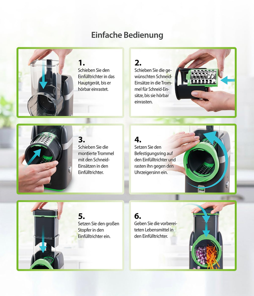 Gemüsehobel Electro 32 tlg Gemüseschneider automatisch Käsereibe für Gemüse Obst Nüsse 9 extrascharfe Einsätze