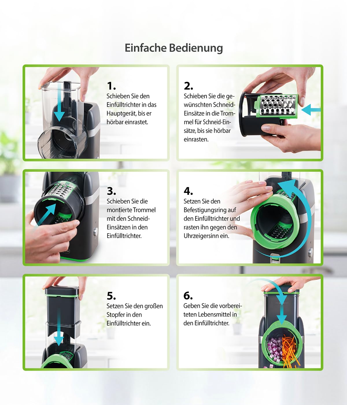 Gemüsehobel Electro 32 tlg Gemüseschneider automatisch Käsereibe für Gemüse Obst Nüsse 9 extrascharfe Einsätze