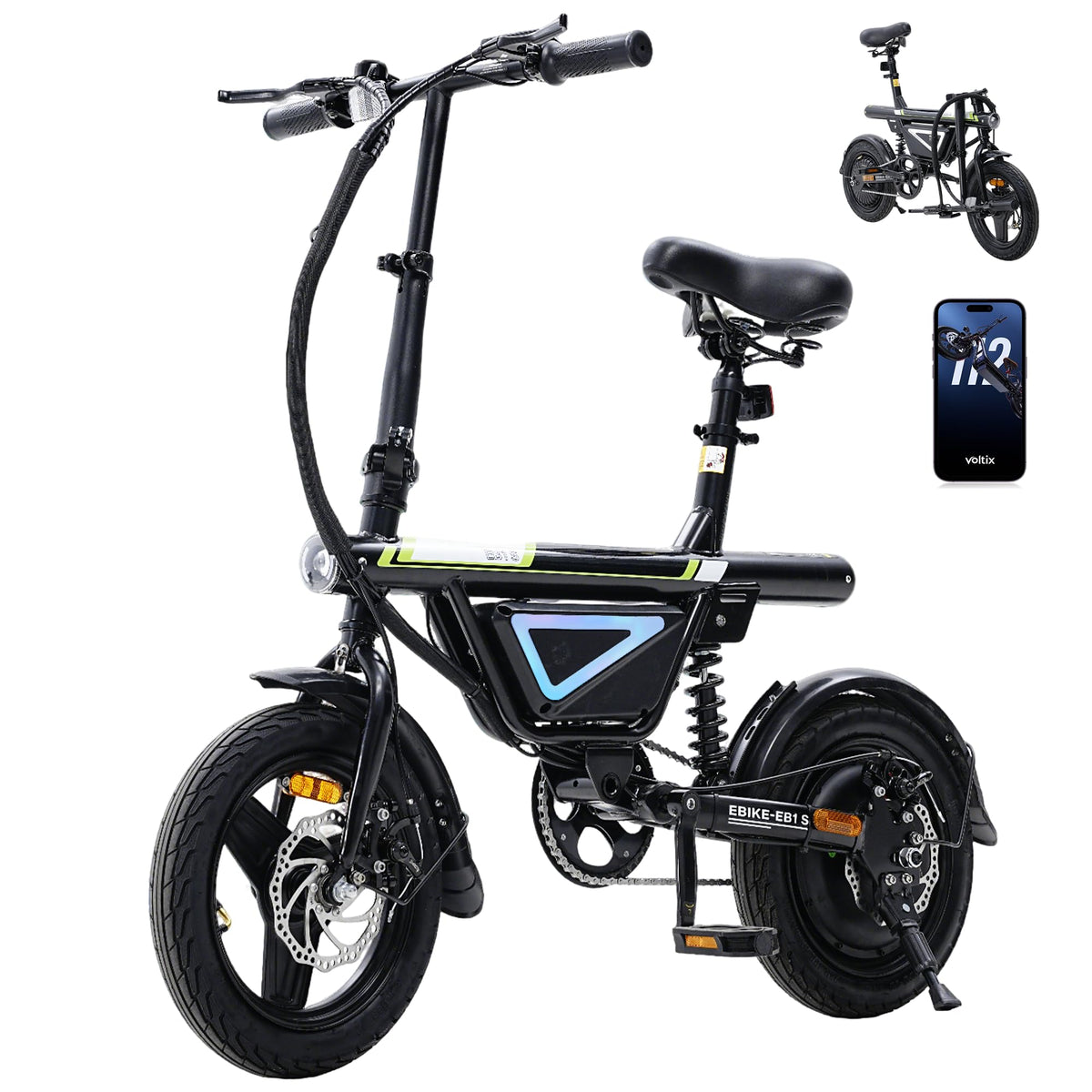 EBike Klapprad 14 Zoll Pedelec Citybike 36V 12Ah Akku 250W Motor 50 km Faltrad LED App Herren Damen Pendler