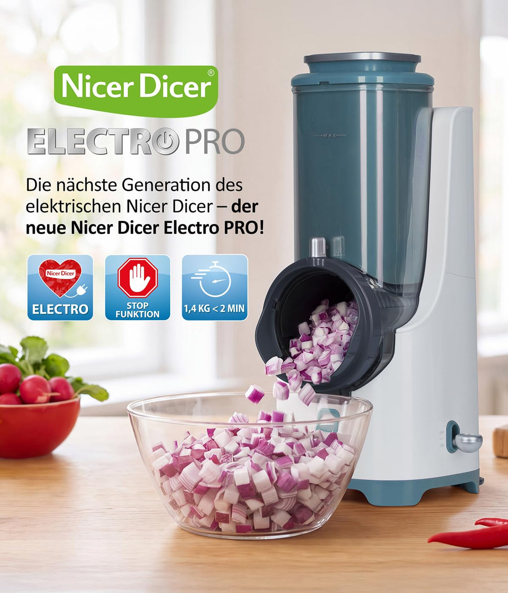 Nicer Dicer Electro PRO 32tlg sage Gemüseschneider elektrisch 9 Aufsätze Reiben Würfeln extrascharfe Klingen