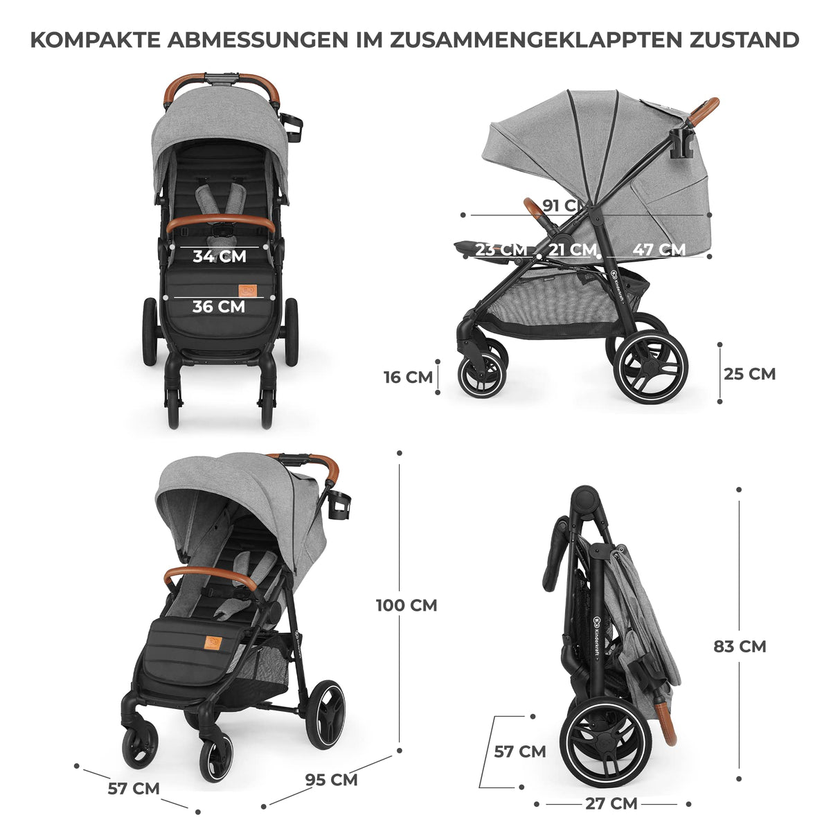 Grande Plus Buggy von Geburt bis 22 kg einhandfaltbar Liegeposition Verdeck mit Fenster 4 gefederte Räder Grau