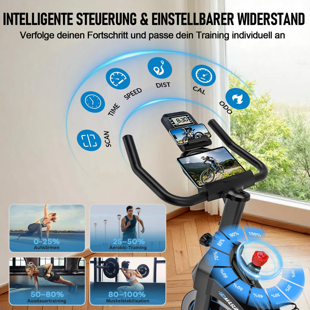Heimtrainer Fahrrad 100 Prozent Widerstand, leise und stabil, Ergometer mit App und LCD, bis 180 kg belastbar