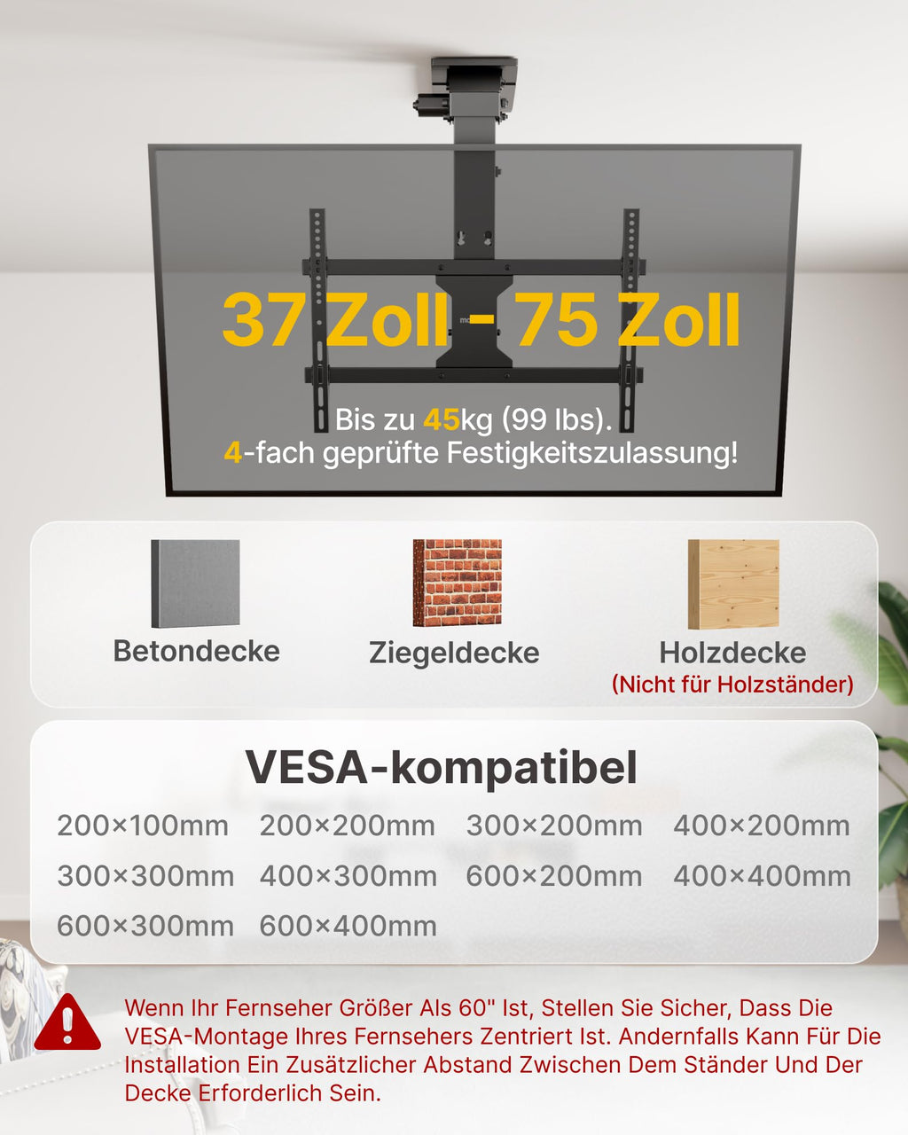 Elektrische TV Deckenhalterung Fernseherhalterung für 37 bis 75 Zoll bis 45 kg Deckenmontage