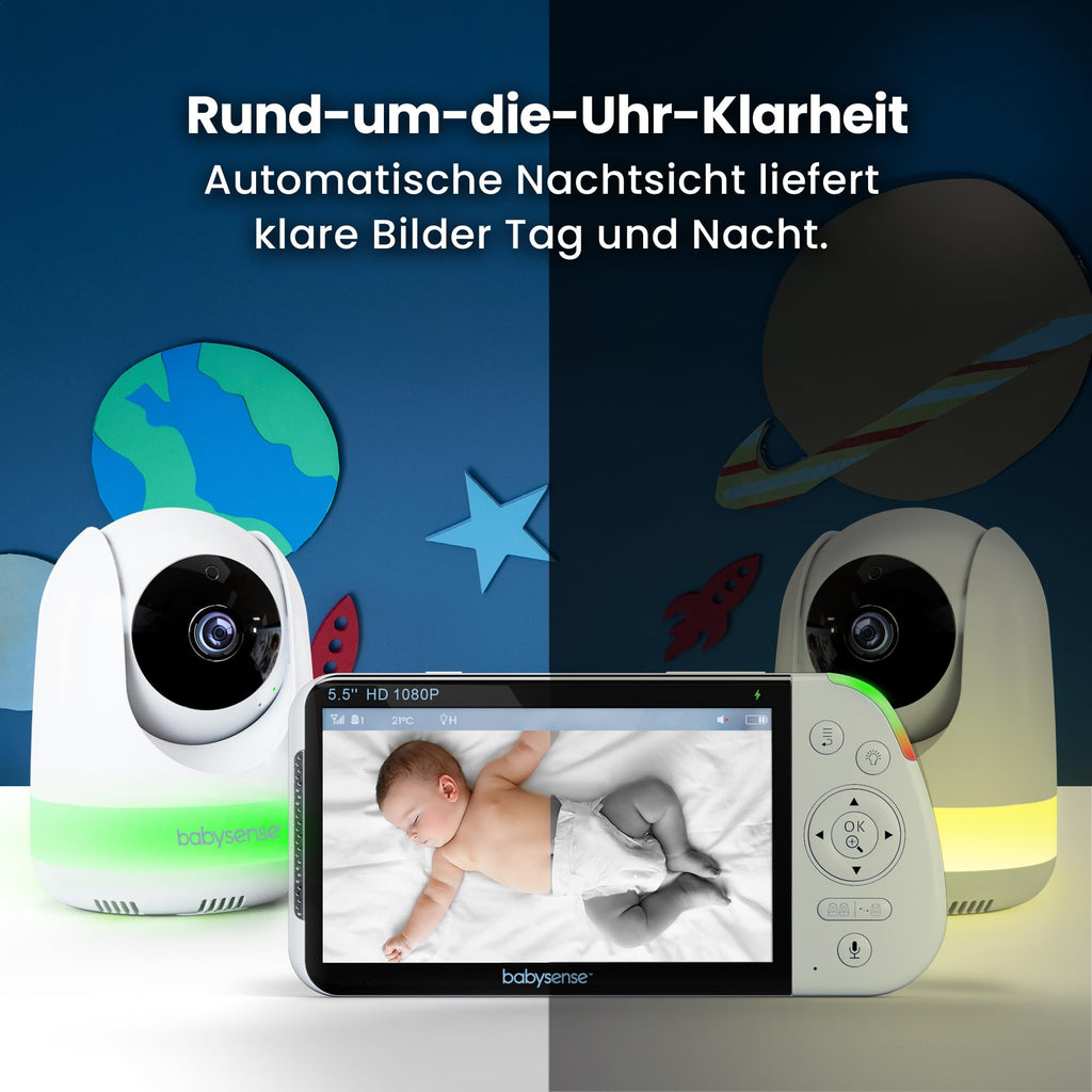 Full HD Split Screen Babyphone 2 Kameras Nachtlicht 6 Farben Geräusch Lichtmaschine 20h abhörsicher ohne WLAN