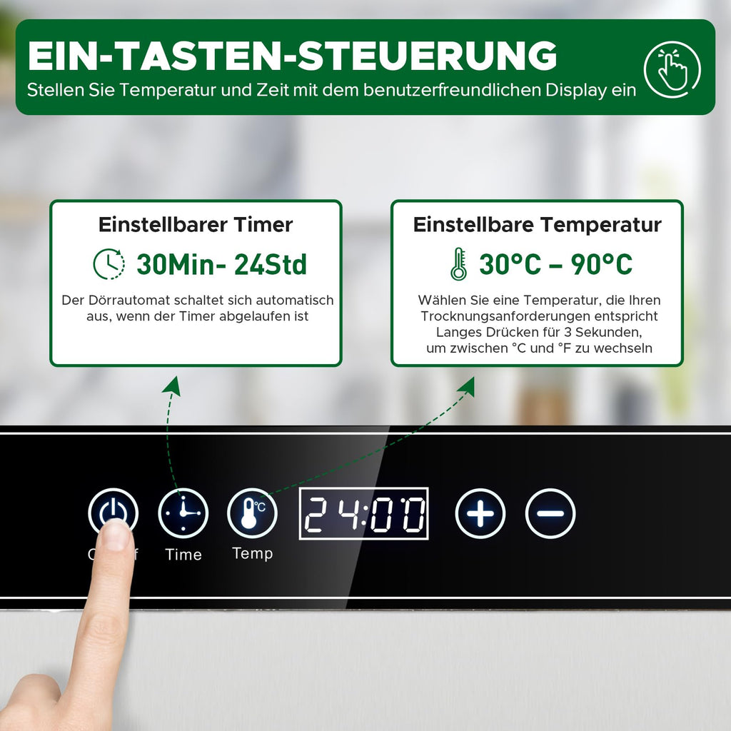 Dörrautomat Edelstahl 8 Etagen 30 bis 90 °C Timer 24 h ohne BPA für Obst Fleisch Gemüse Kräuter Rezeptheft