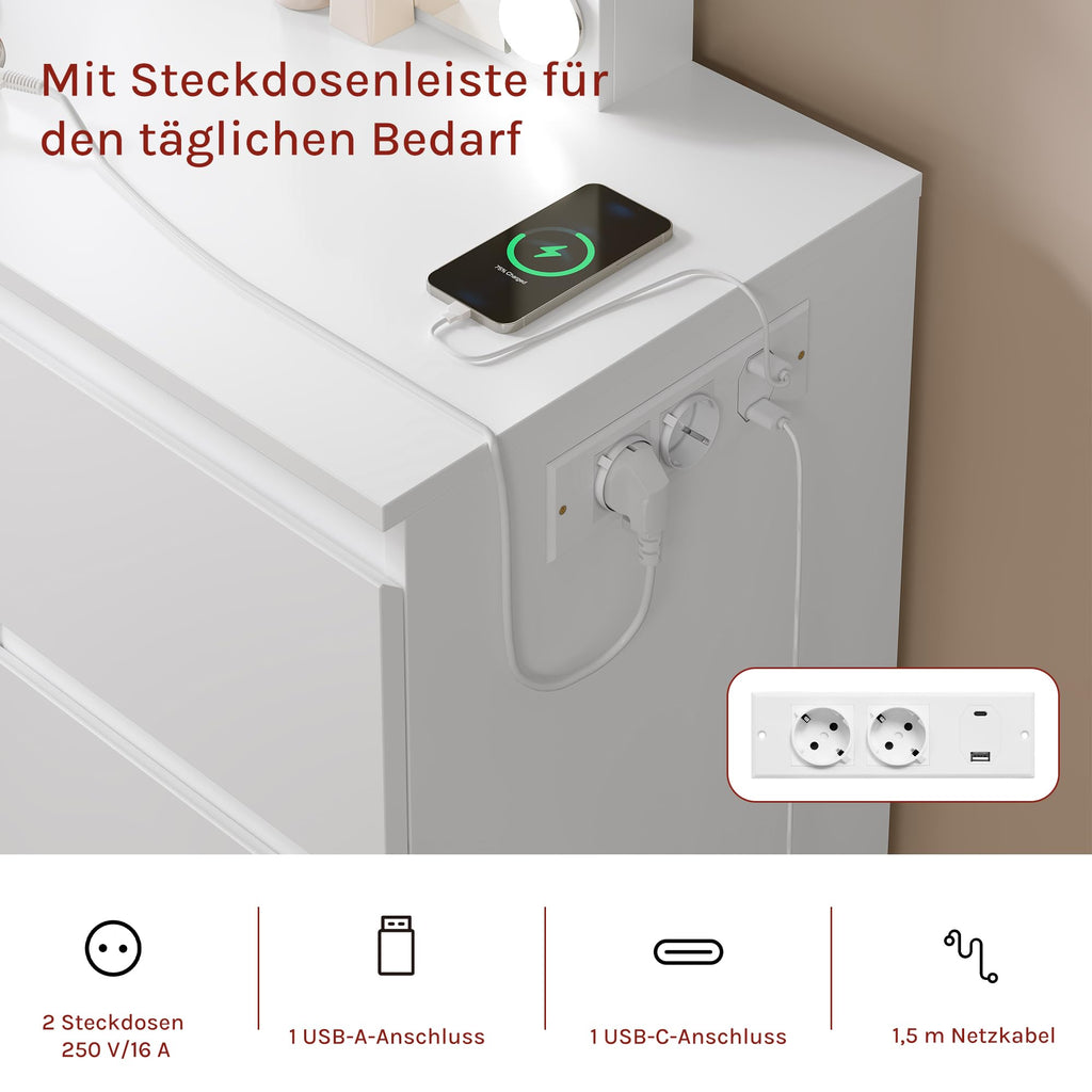 Schminktisch mit Hollywood Beleuchtung LED Spiegel Steckdose und 7 Schubladen für Schlafzimmer