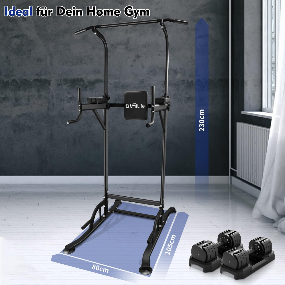 Power Tower Dip Station Klimmzugstange freistehend bis 230 cm stabiler Kraftturm für Ganzkörpertraining