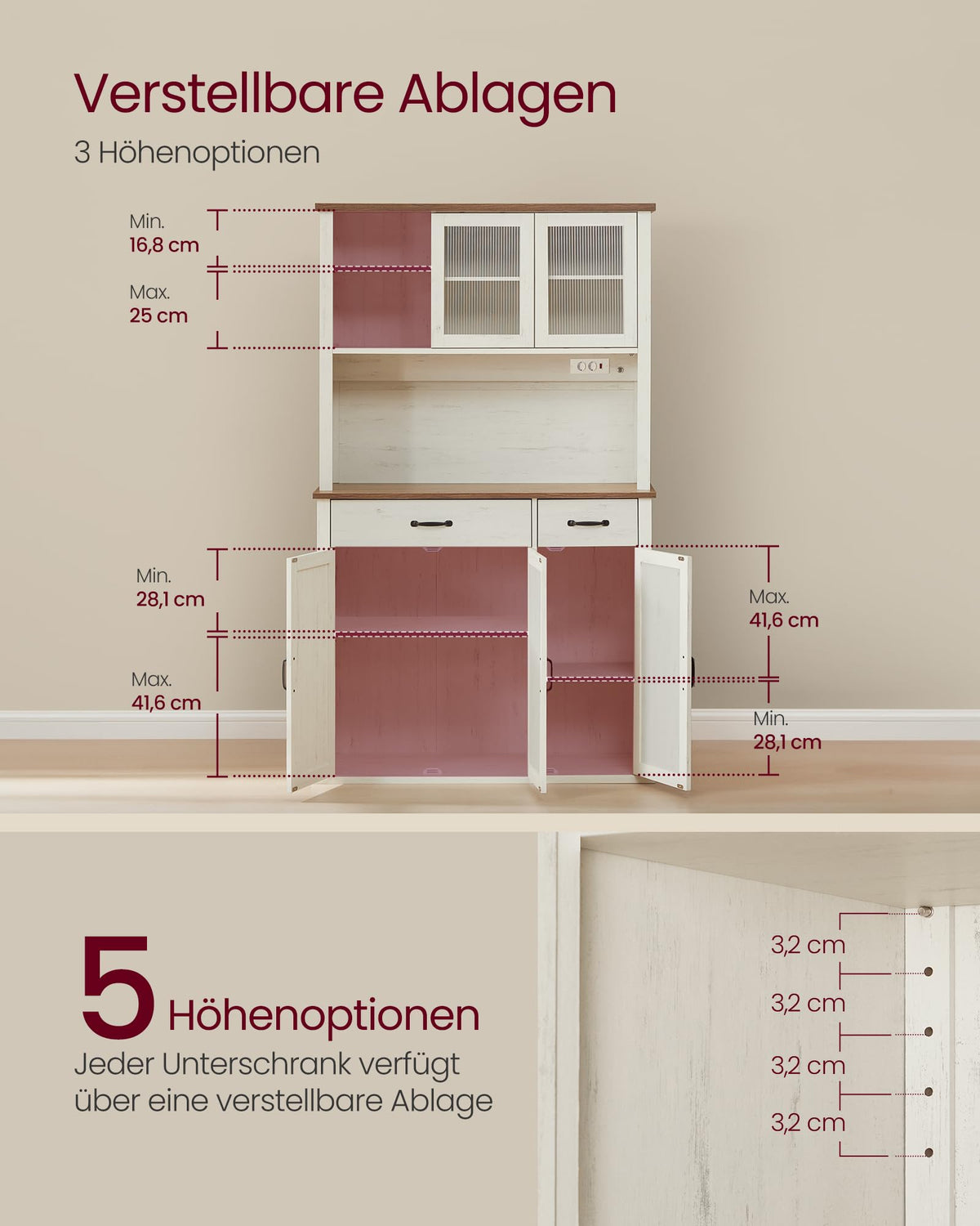 Sideboard mit Beleuchtung und Ladestation Küchenschrank mit Stauraum für Küche Wohnzimmer Esszimmer Flur