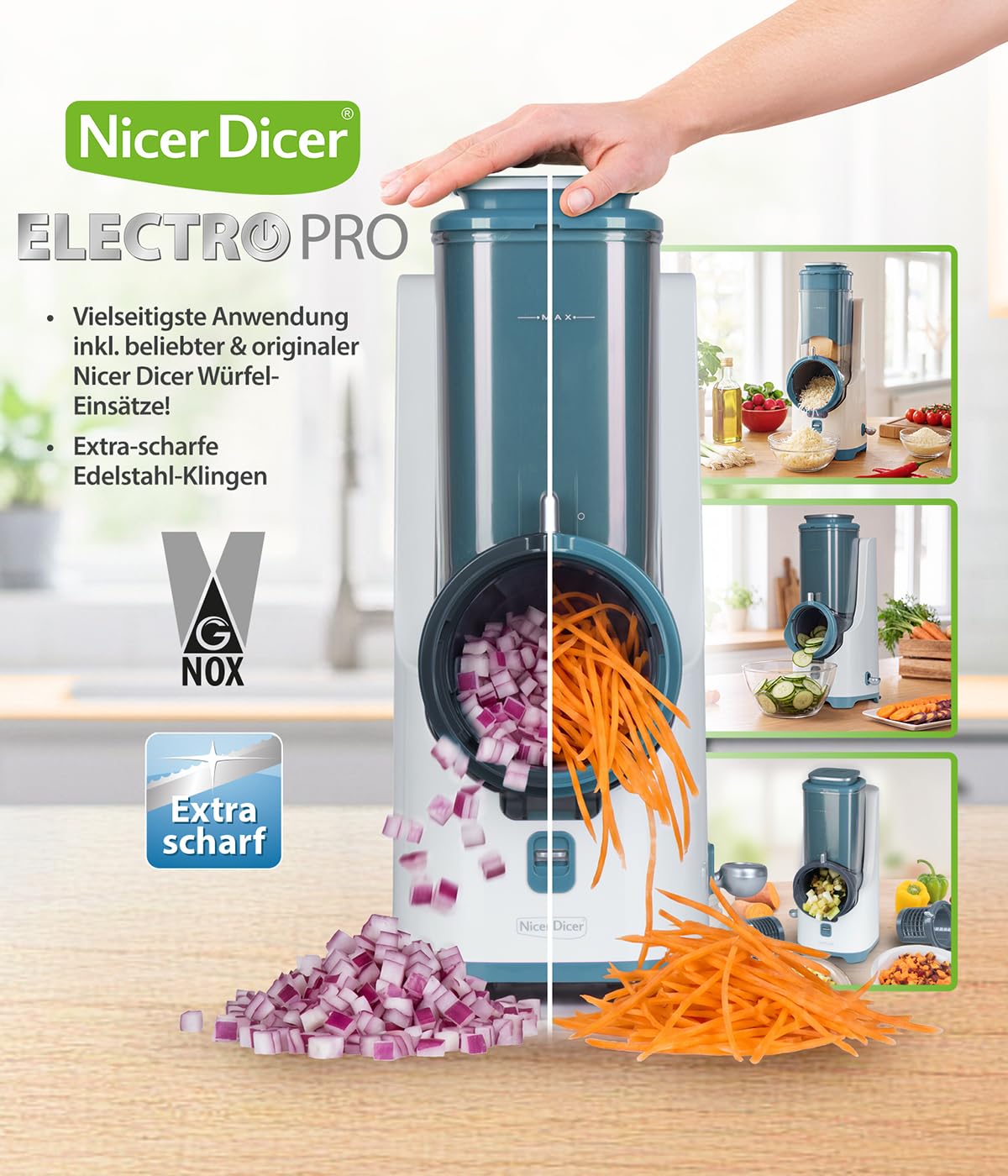 Nicer Dicer Electro PRO 32tlg sage Gemüseschneider elektrisch 9 Aufsätze Reiben Würfeln extrascharfe Klingen