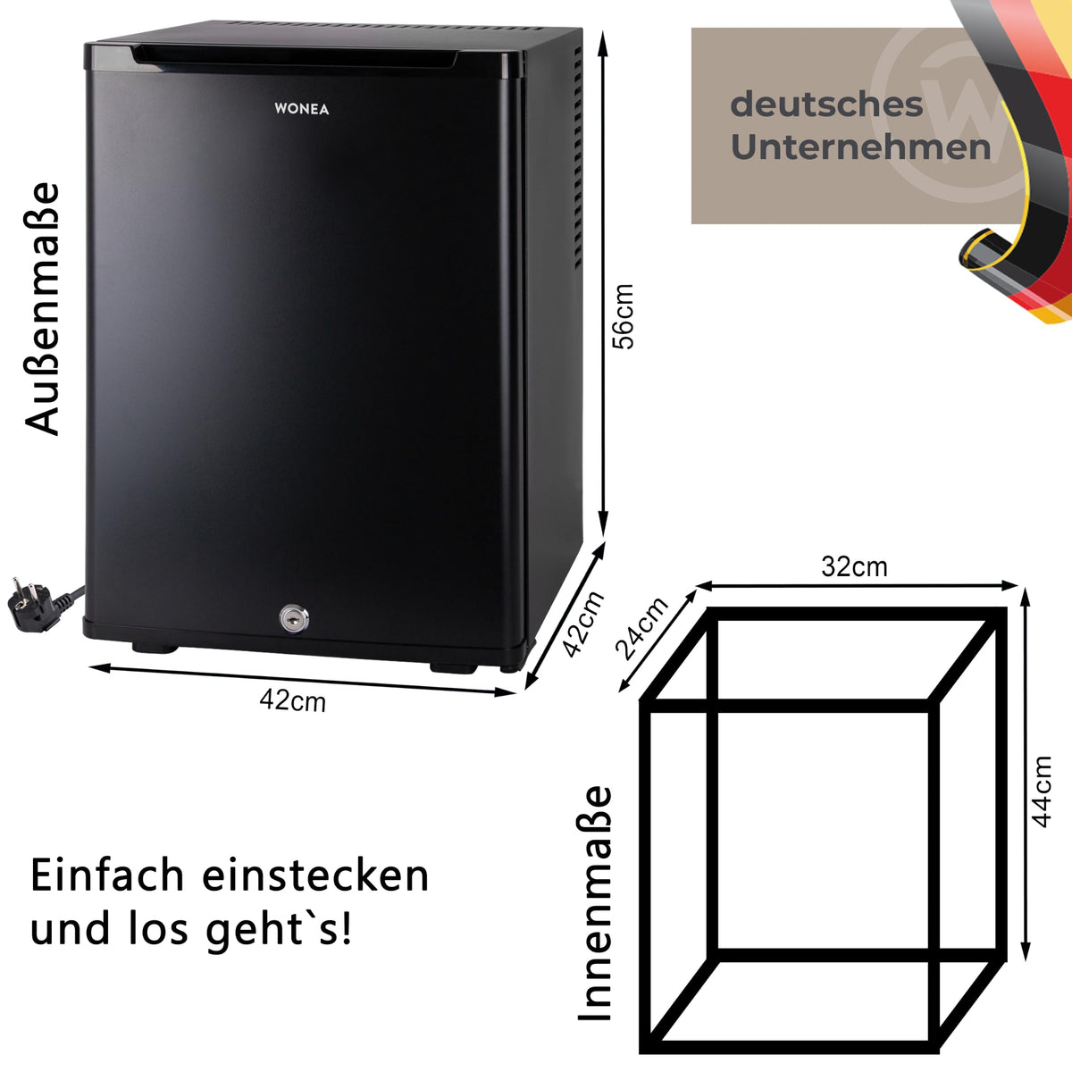 40 Liter Mini Kühlschrank lautlos geräuschlos Minibar mit Schloss 5°C bis 18°C Energieklasse D