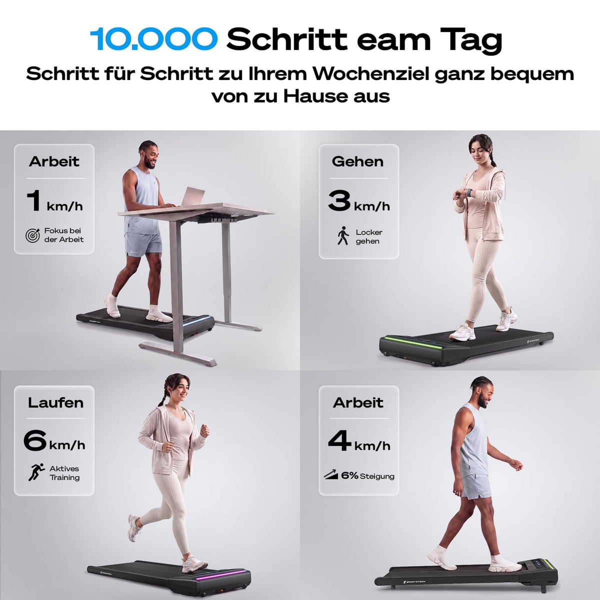 Walking Pad Laufband sWalk Lite, 6% Steigung, 6 km/h, LED, App, Fernbedienung, leise, flach, bis 150 kg