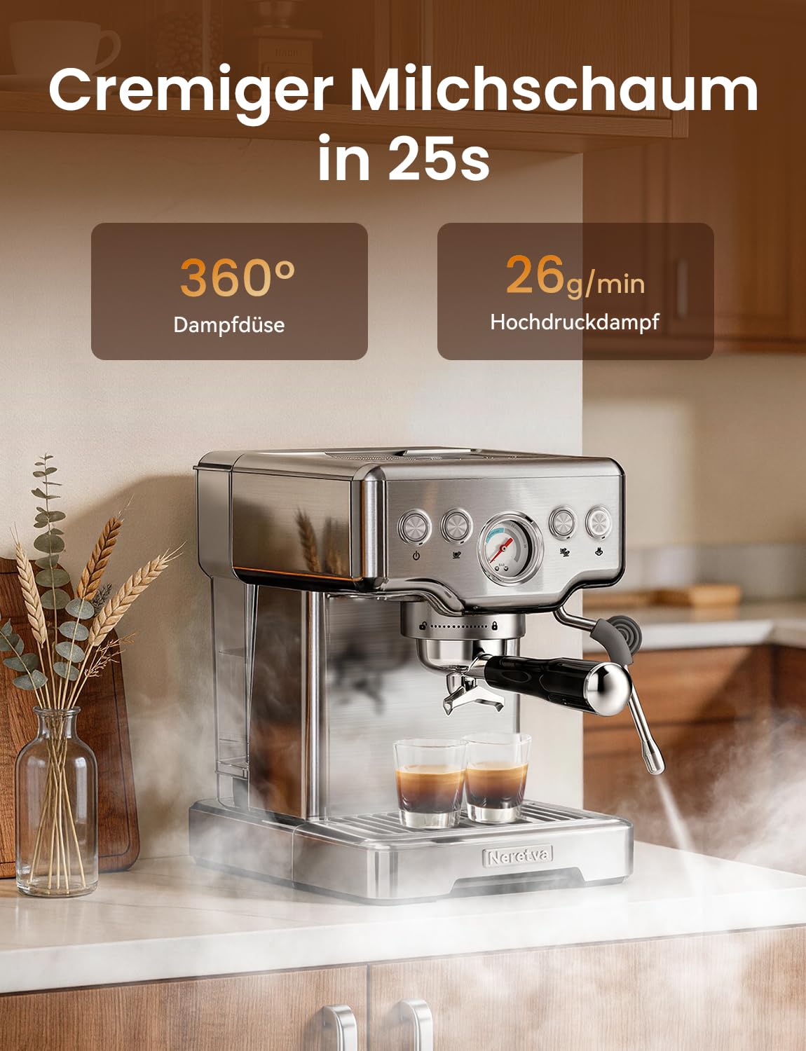 Espressomaschine aus Edelstahl mit sichtbarem Manometer und Barista Kit für Espresso und Cappuccino