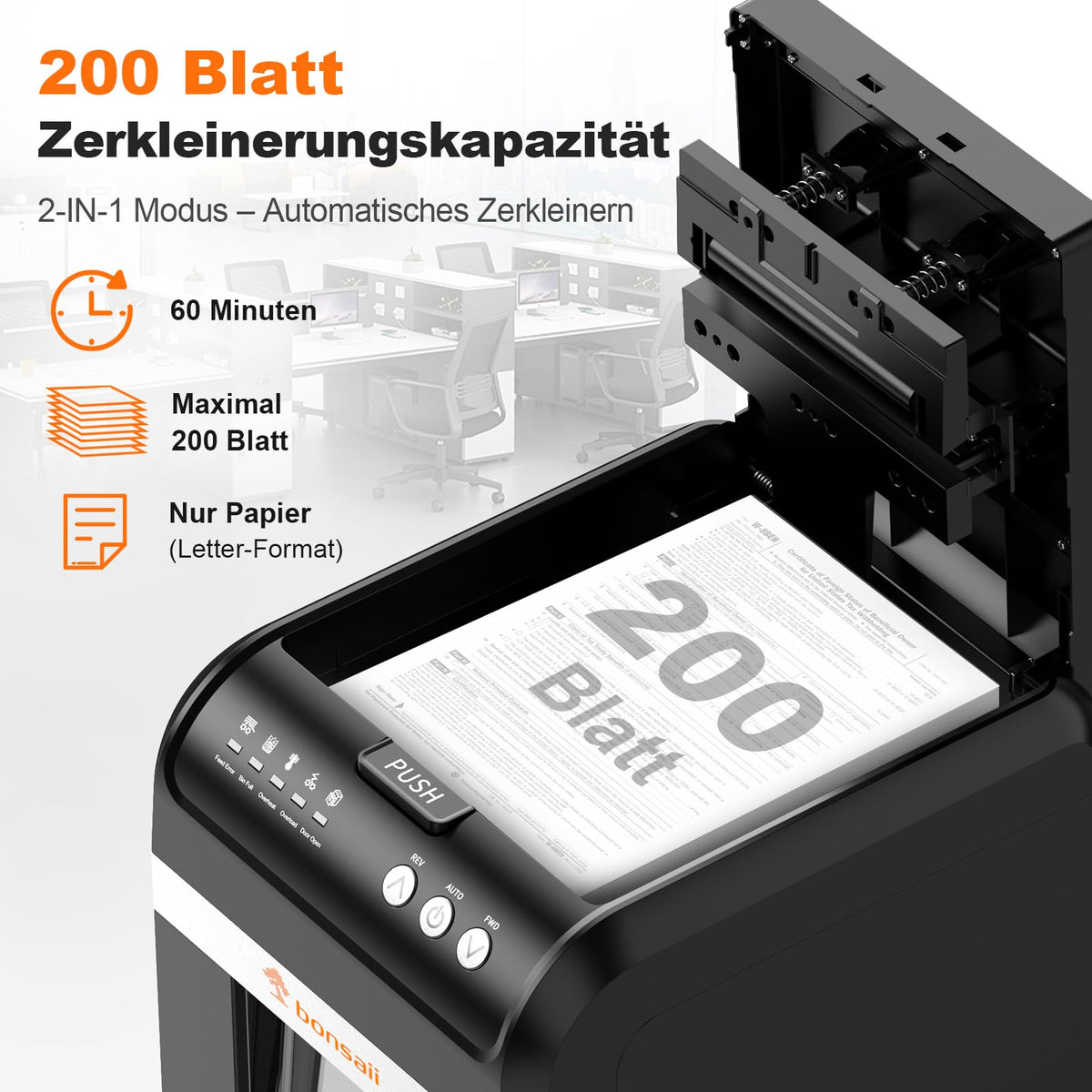 Auto Feed Aktenvernichter für Büro und Home Office 200 Blatt P4 Mikroschnitt Schwarz Papierschredder