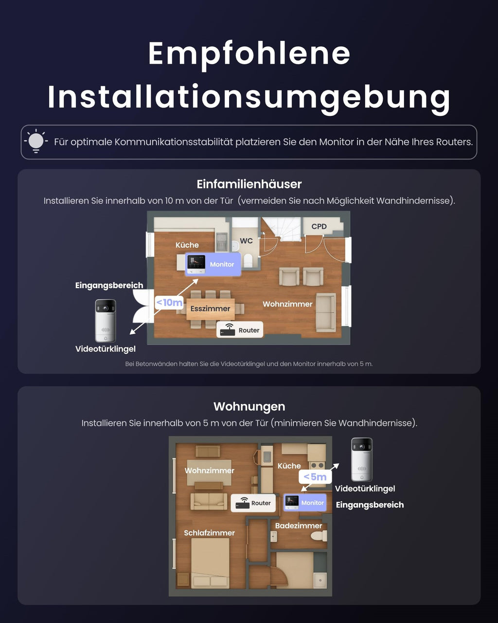 WLAN Türklingel mit Kamera 2K Video Türklingel für Haustür Wohnung Zuhause mit klarer Videoqualität