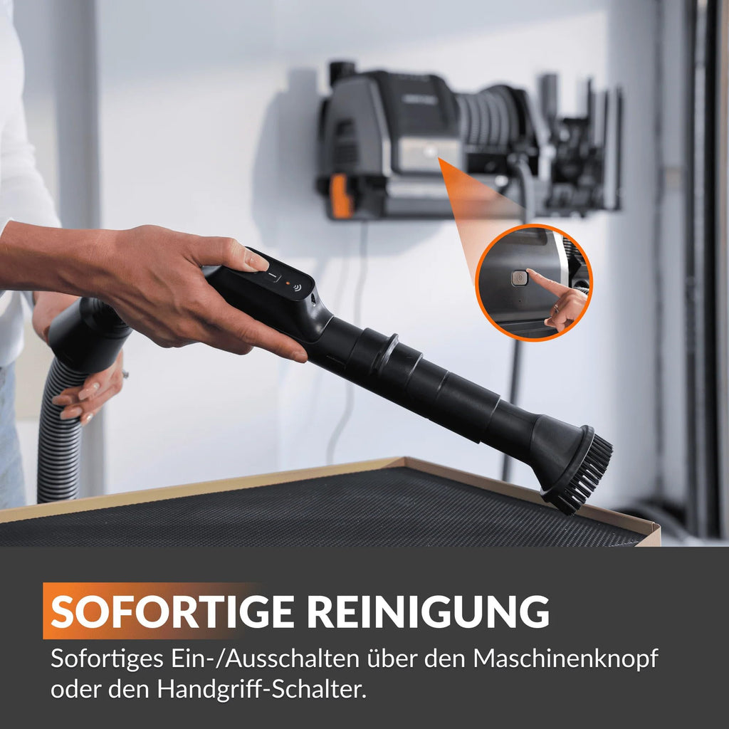 Grandstorm einziehbarer Wandstaubsauger 10m knickfester Schlauch 6 Düsen Fernbedienung Garagenreinigung