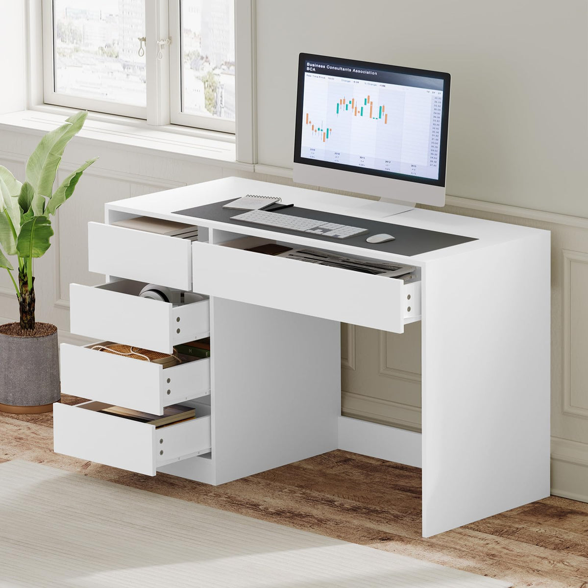 Schminktisch Weiß mit 5 Schubladen ohne Spiegel, Schreibtisch PC Tisch mit Stauraum, Jugendzimmer 120x55x75 cm