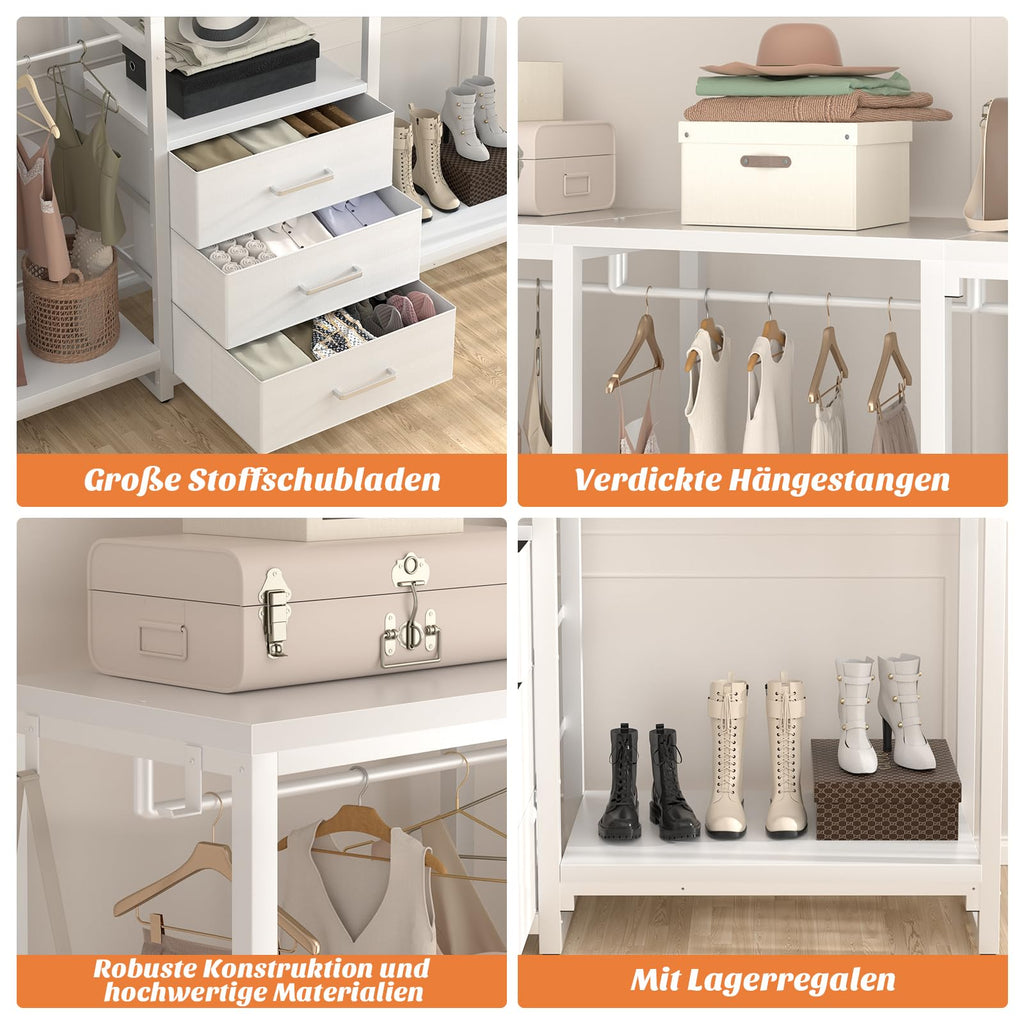 Robuster Kleiderständer mit Schubladen, freistehender Kleiderschrank, Eck Schranksystem in L Form, Weiß