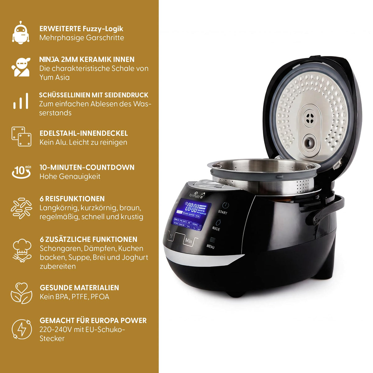 Sakura Reiskocher Keramikschale Fuzzy Logic 8 Tassen 1,5 L 6 Reiskoch 6 Multikoch Touch LED 220 240V EU