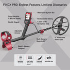FINDX PRO Metalldetektor Profi wasserdicht 28cm Suchspule Gold Pinpoint USB wiederaufladbar 4 Modi