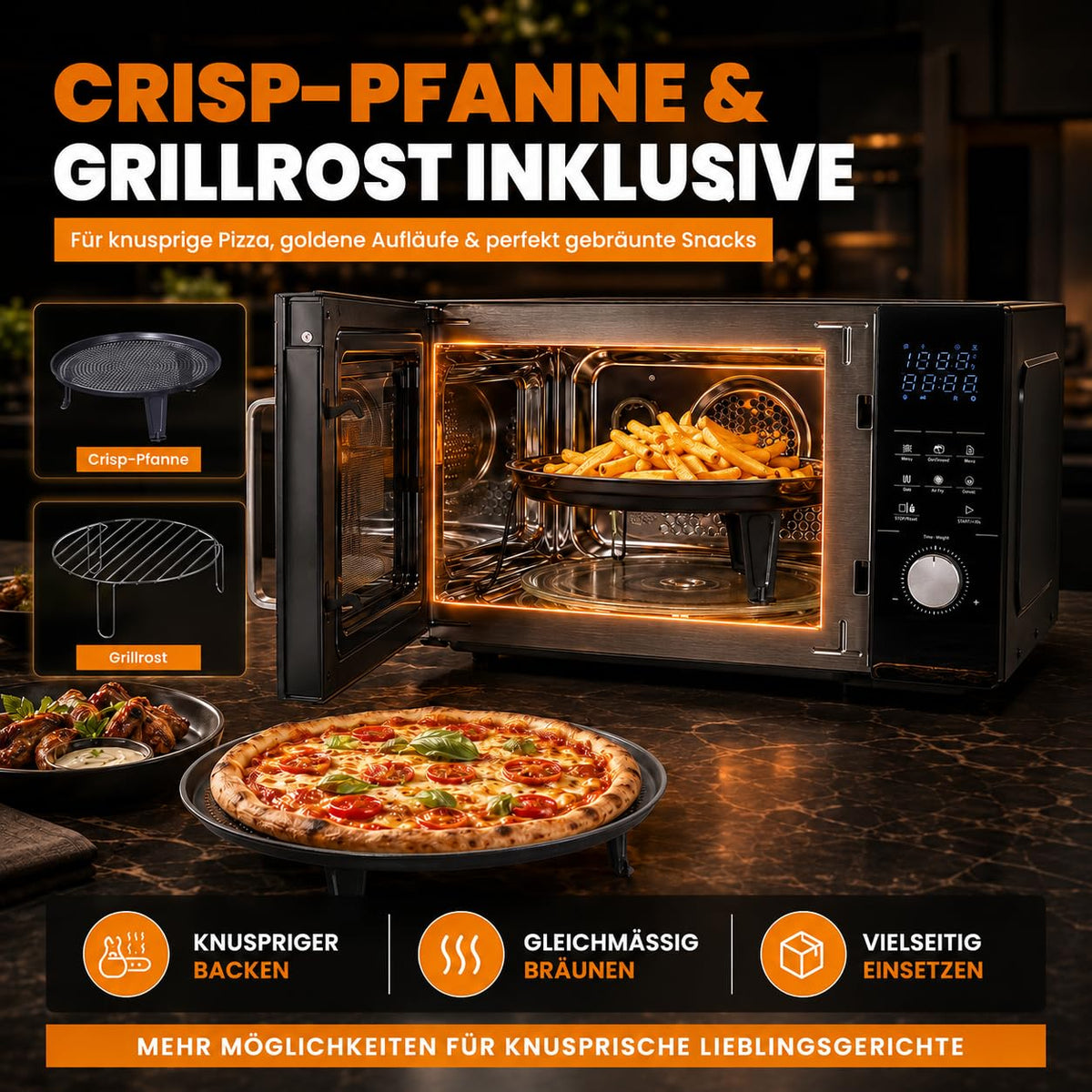 4in1 Mikrowelle 25L 2200W mit Grill Airfryer Heißluftfritteuse Touch und 8 Programmen für Küche Haushalt