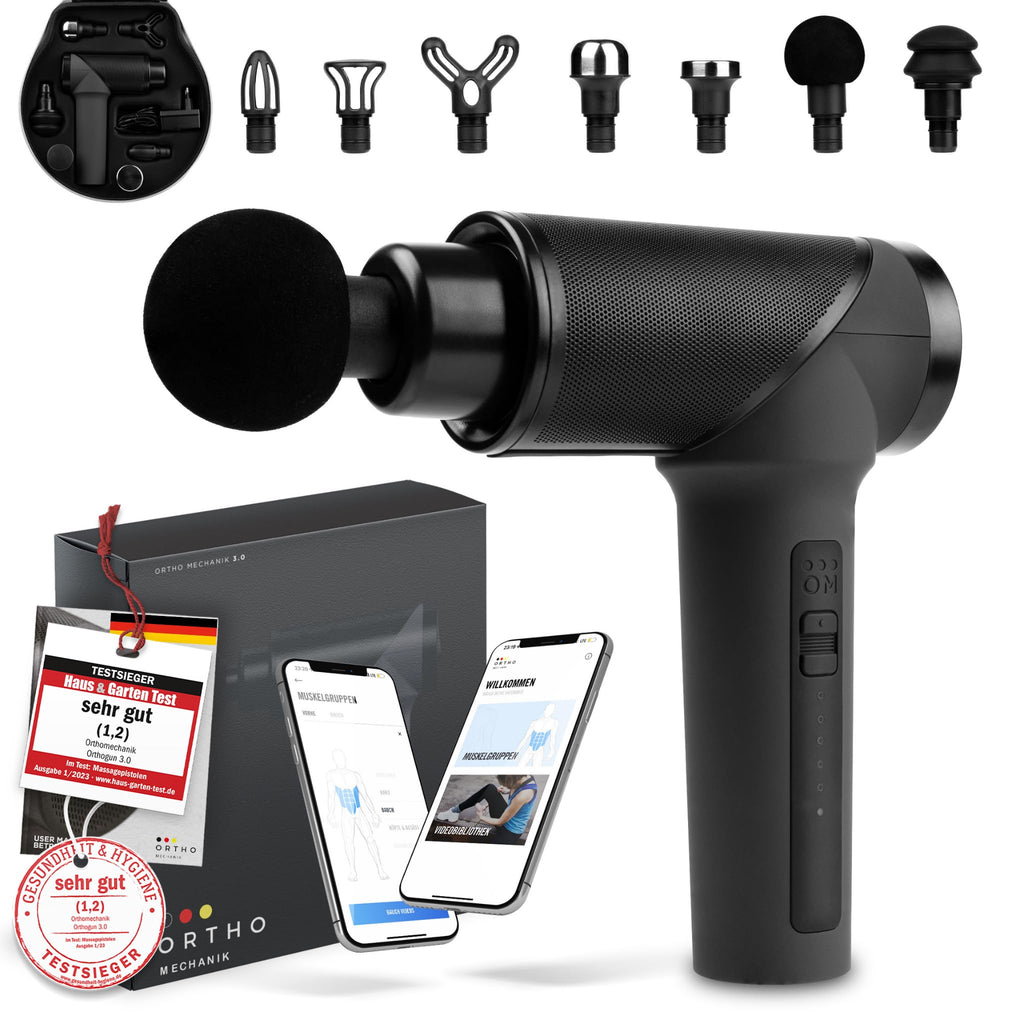 Massagepistole 3.0 mit App 7 Aufsätzen Koffer 160W 5 Intensitäten Schmerzlinderung Entspannung 360min Laufzeit
