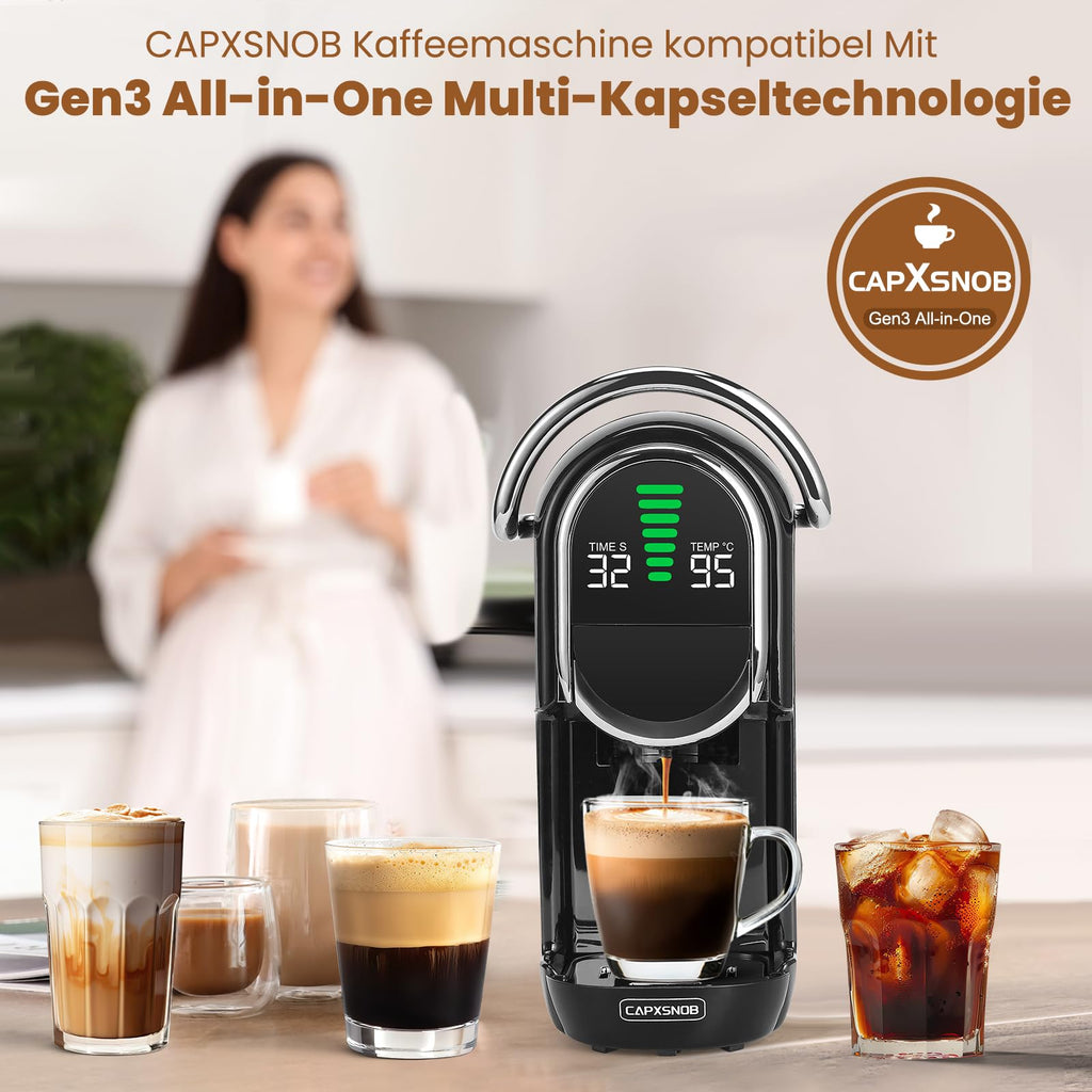 Mini 5in1 Kapselmaschine für Nespresso Dolce Gusto Lavazza ESE Pad Pulver 20bar 1450W LED 7 Stufen Heiß Kalt